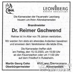 Bild: 1 - Trauernachricht Dr.Reimer Gschwend